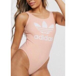 Adidas Womens Peach Open Back High Leg Trefoil Logo One-Piece Swimsuit Sz S